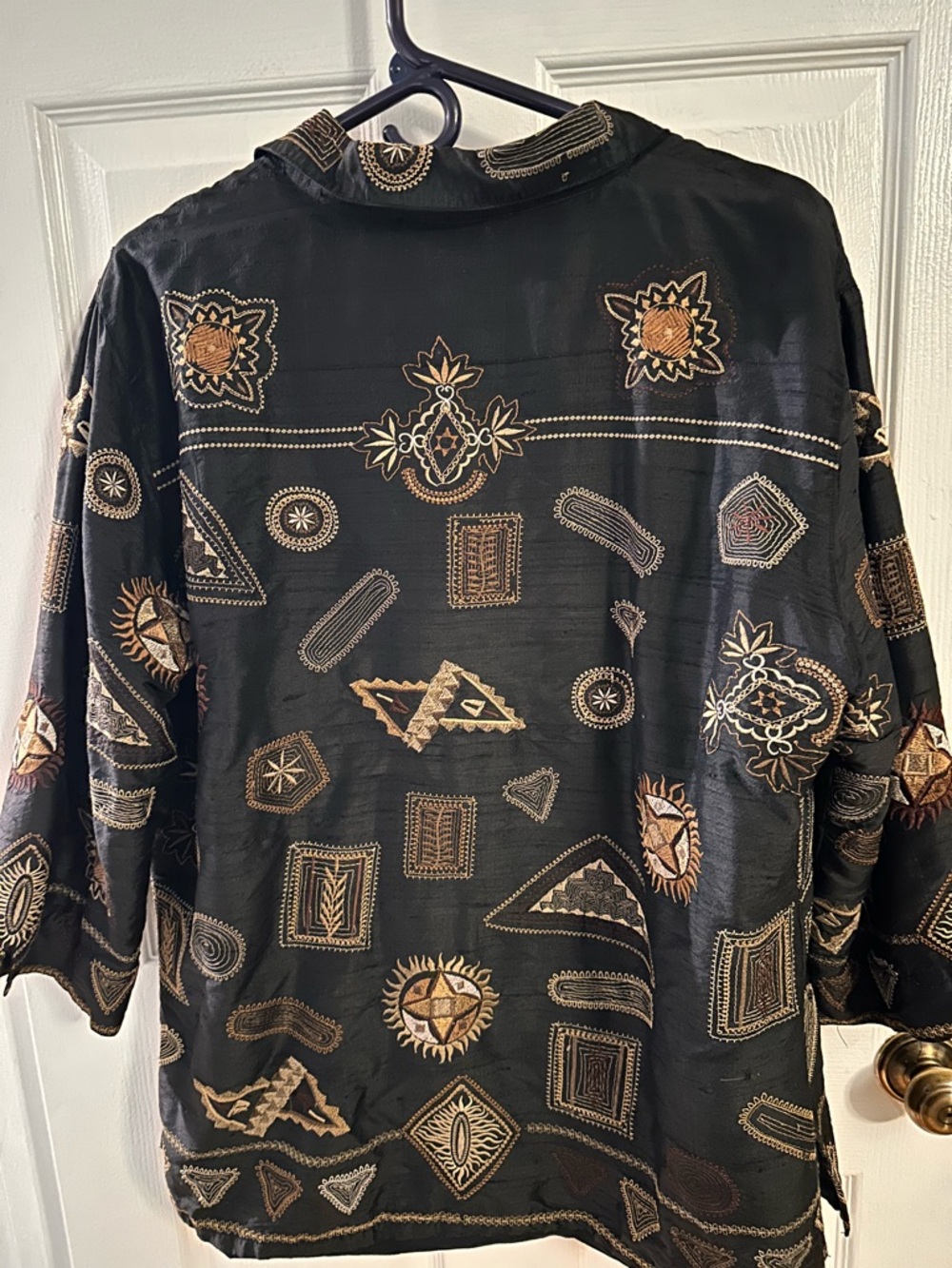 Chico's Vintage Black Button-Up Shirt with Embroidered Geometric & Sun Motifs